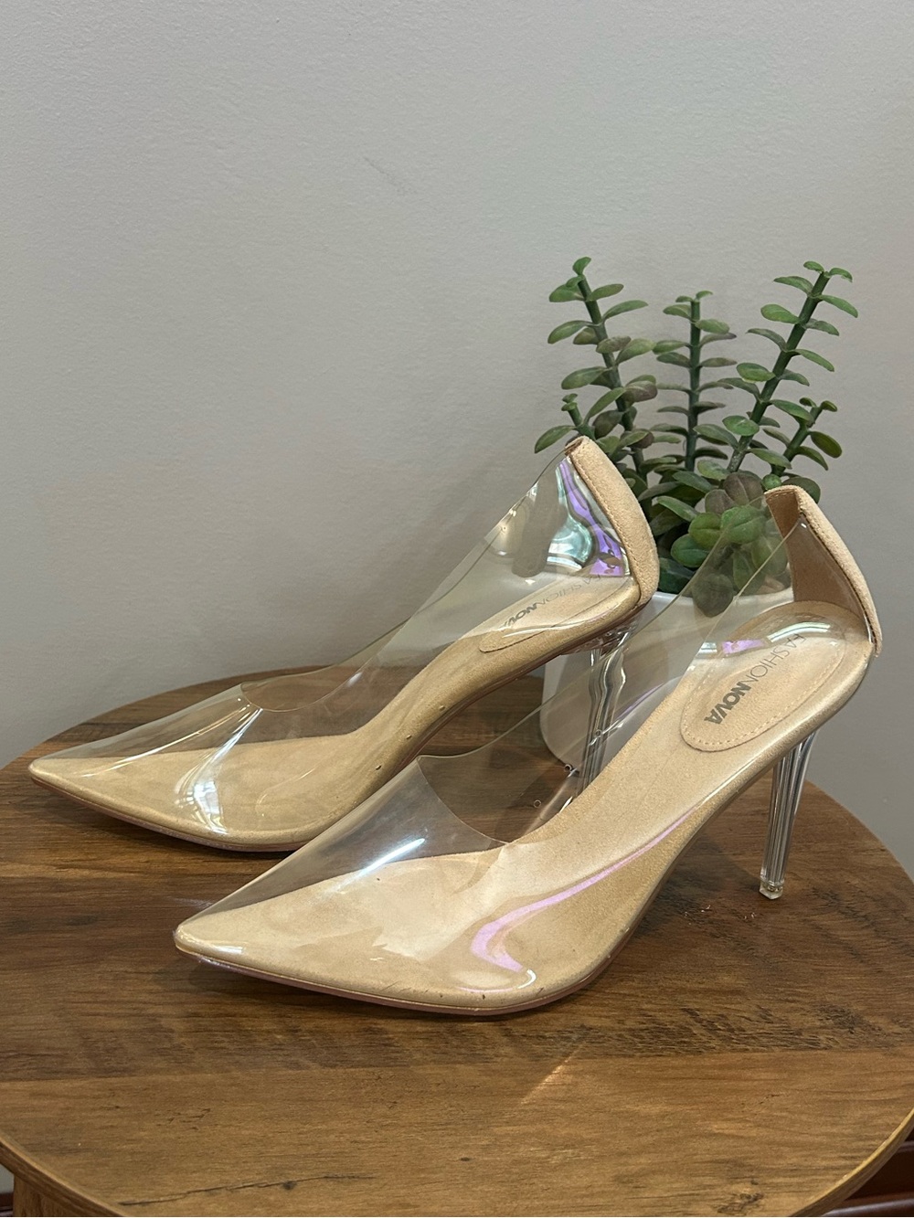 Fashion Nova Clear PVC Pointed Toe Stiletto Pumps Nude Size 4” Heel. Size 10